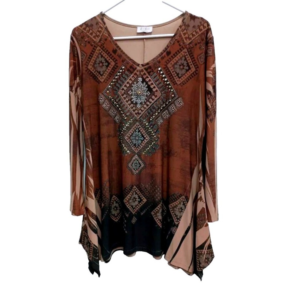 Cover Charge Wearable Art Tunic Top Womens Medium Brown Embellished Sharkbite